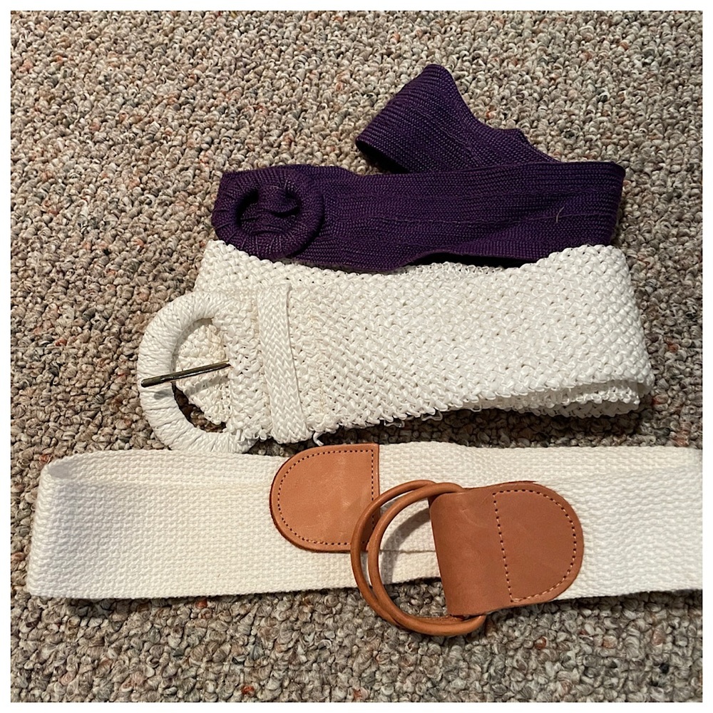 3 WOMENS BELTS- 2 WHITE & 1 PURPLE